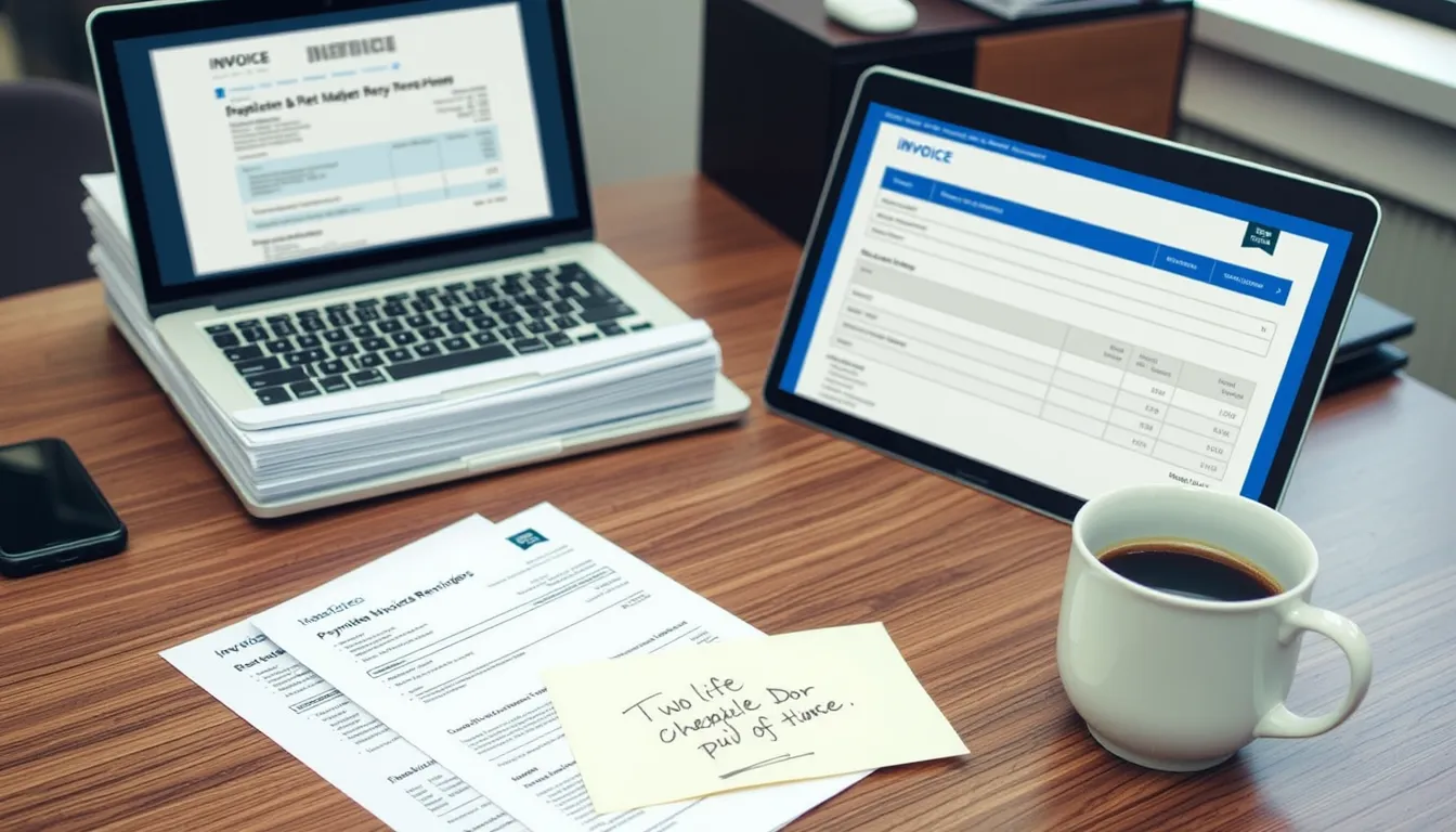 Office desk with unpaid invoices, laptop showing reminder, handwritten note, coffee mug.